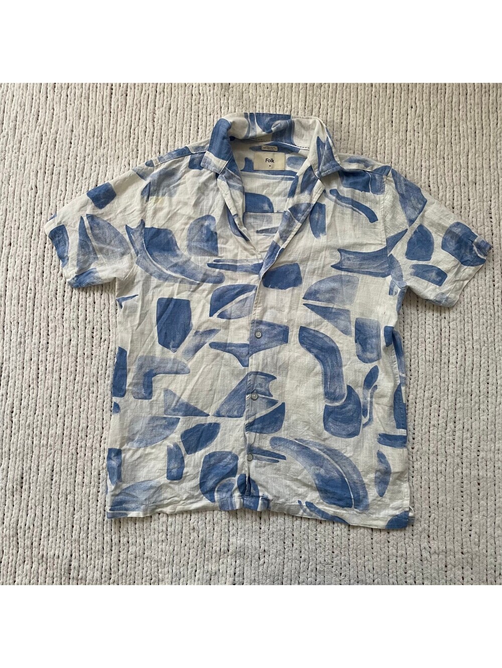 Folk Men's Blue Linen Blend Abstract Button Shirt - Size Medium
